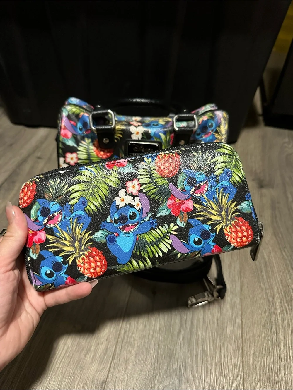 Loungefly Black Tropical Stitch Satchel & Wallet Set with Blue Accents